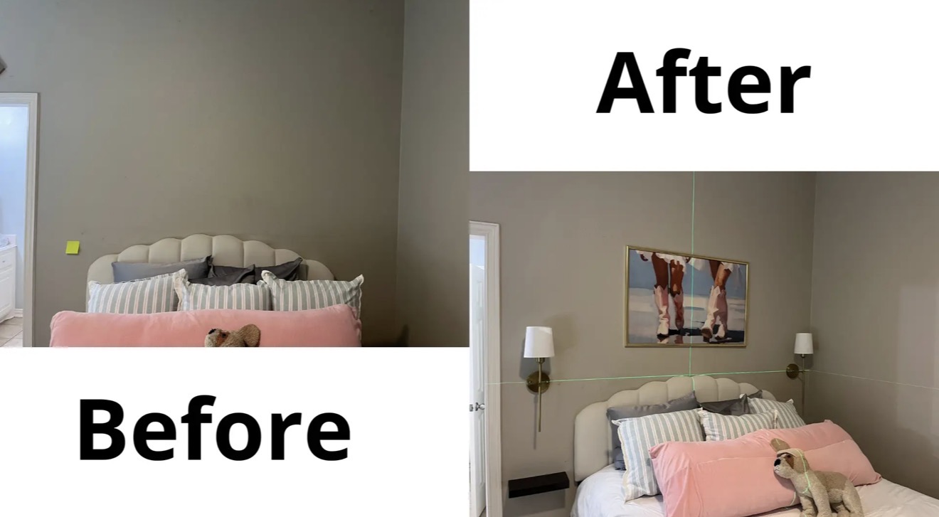 A bedroom renovation project showing 'Before' and 'After' shots with new decor, lighting, and a laser level.